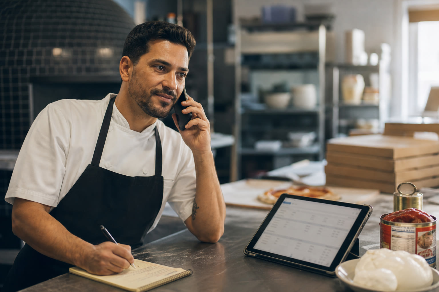 Restaurant operator placing a foodservice order by phone with a digital order ticket on the counter